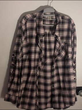 Terra & Sky Black, White & Maroon Plaid Button-Down Shirt With Floral Embroidery